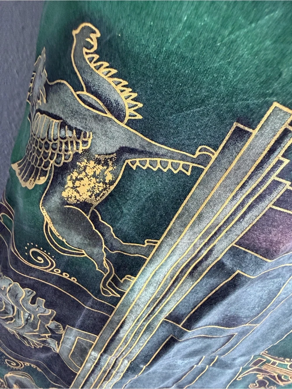 Linda Allard Ellen Tracy Green & Gold Printed Silk Scarf - Designer